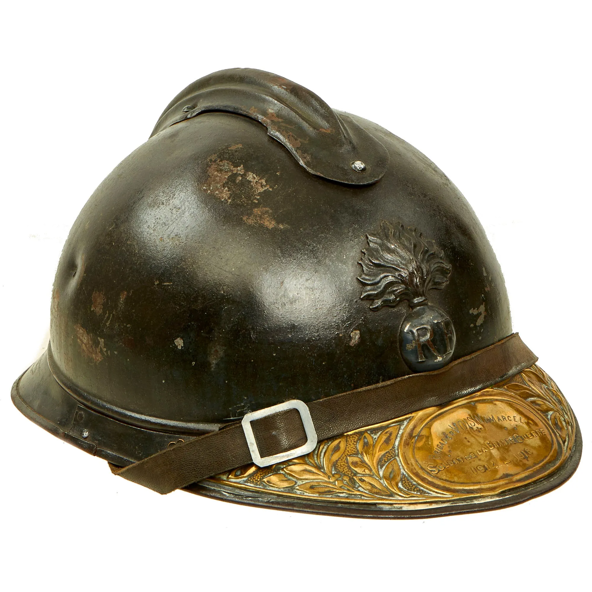 Original French WWI Issue Model 1915 Adrian Helmet in Horizon Blue with RF Badge With Soldat De La Grande Guerre Plaque - Complete