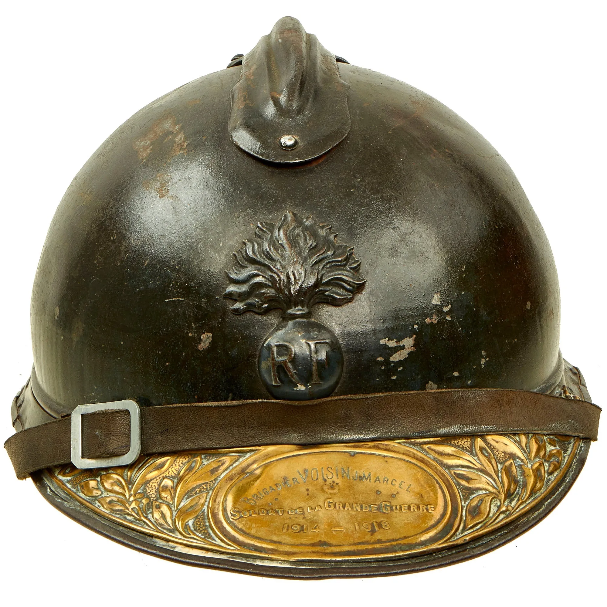 Original French WWI Issue Model 1915 Adrian Helmet in Horizon Blue with RF Badge With Soldat De La Grande Guerre Plaque - Complete