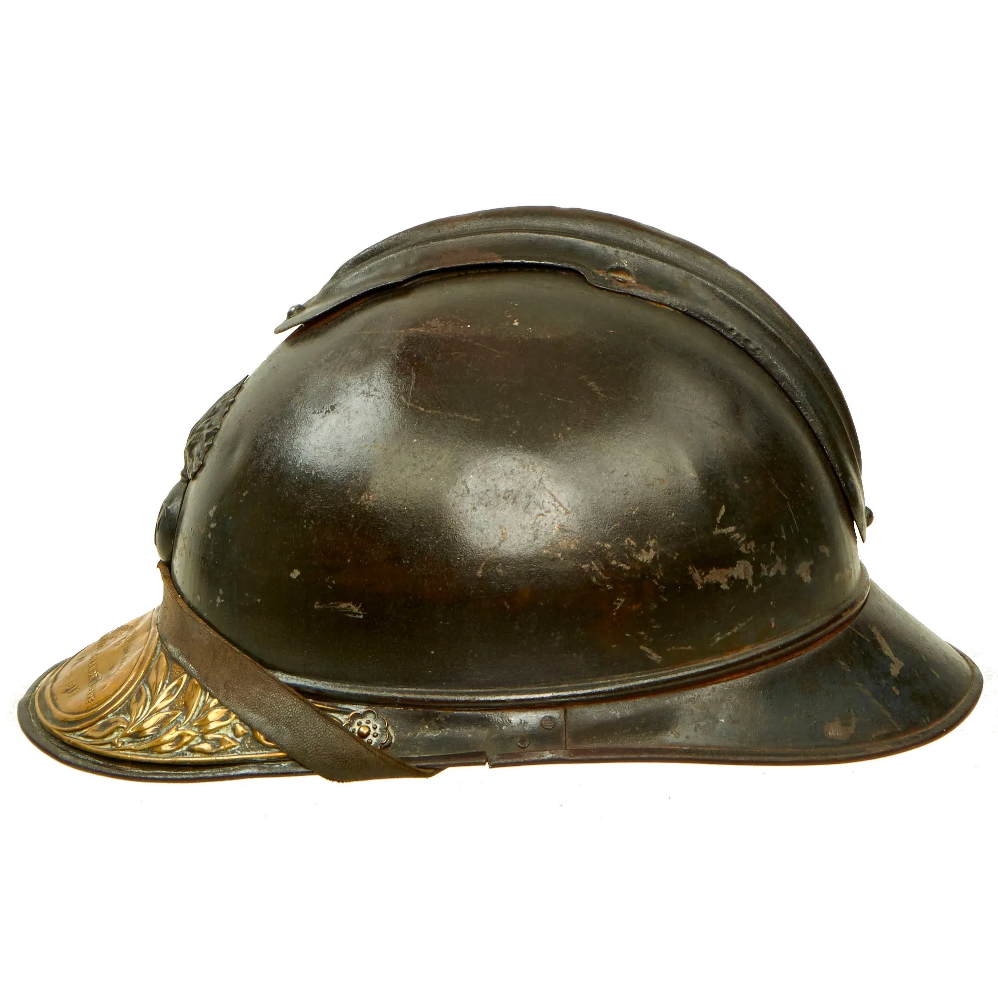 Original French WWI Issue Model 1915 Adrian Helmet in Horizon Blue with RF Badge With Soldat De La Grande Guerre Plaque - Complete