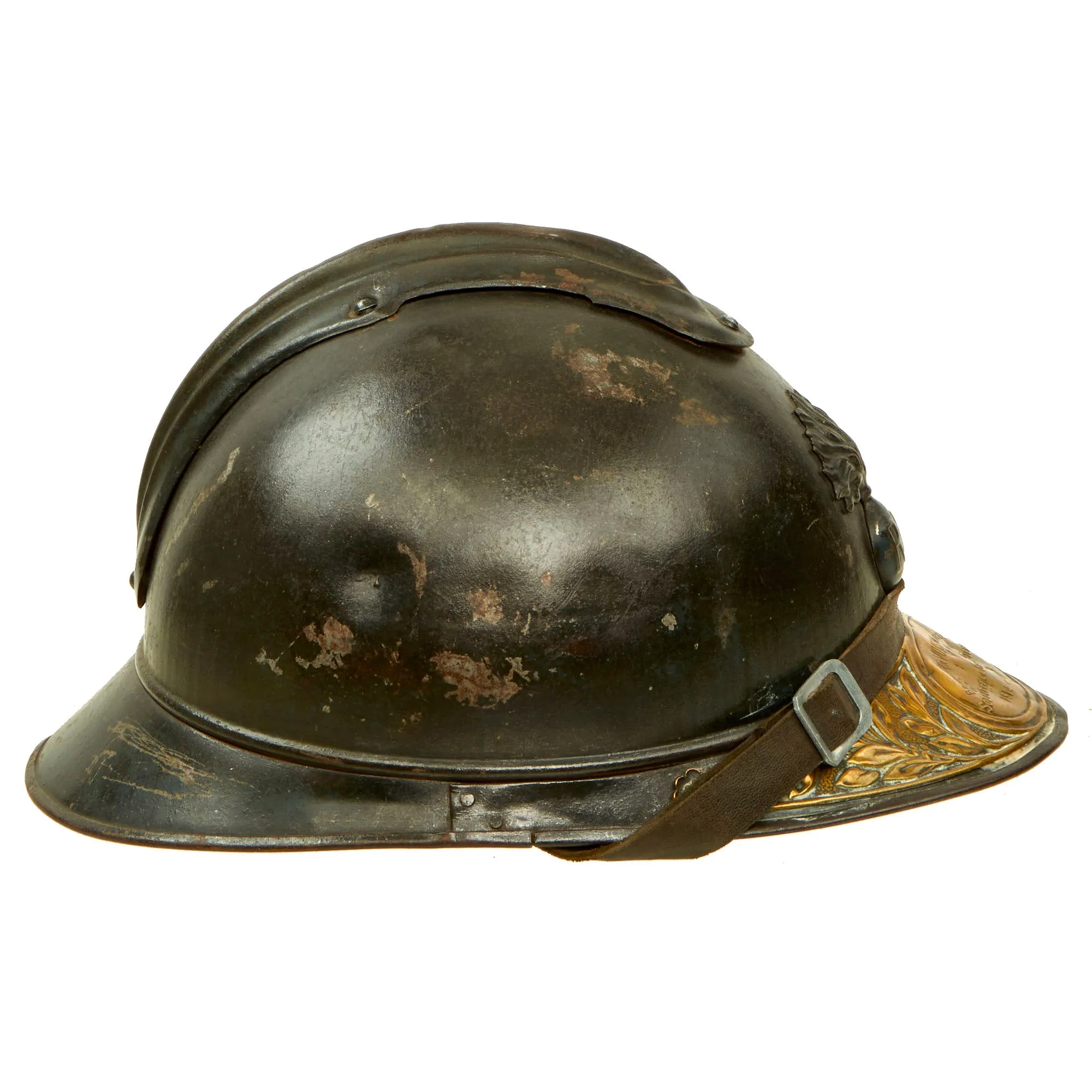 Original French WWI Issue Model 1915 Adrian Helmet in Horizon Blue with RF Badge With Soldat De La Grande Guerre Plaque - Complete