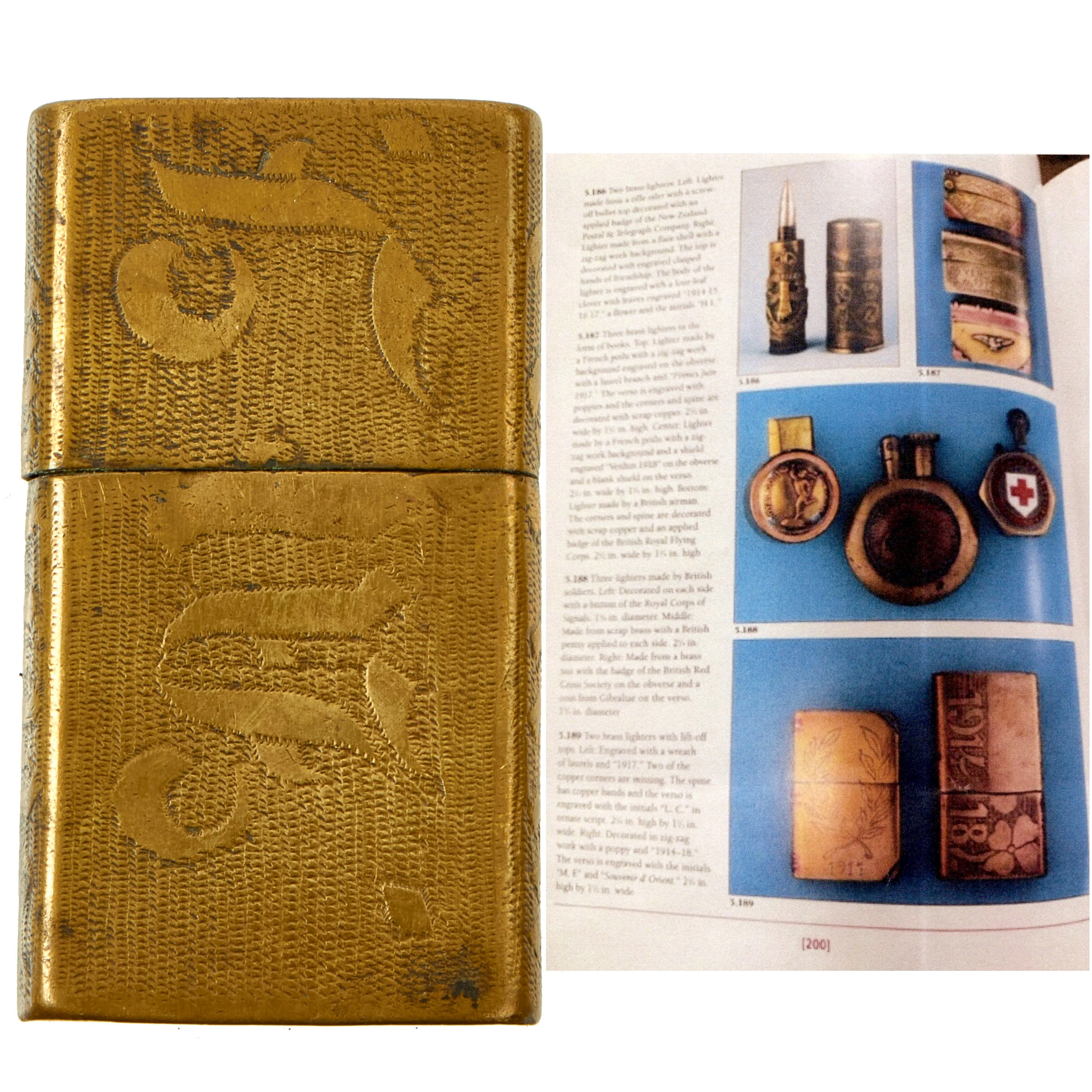 Original French WWI Trench Art “Windproof” Lighter Made From Brass As Featured In The Book “Trench Art, An Illustrated History” by Jane Kimball on Page 200