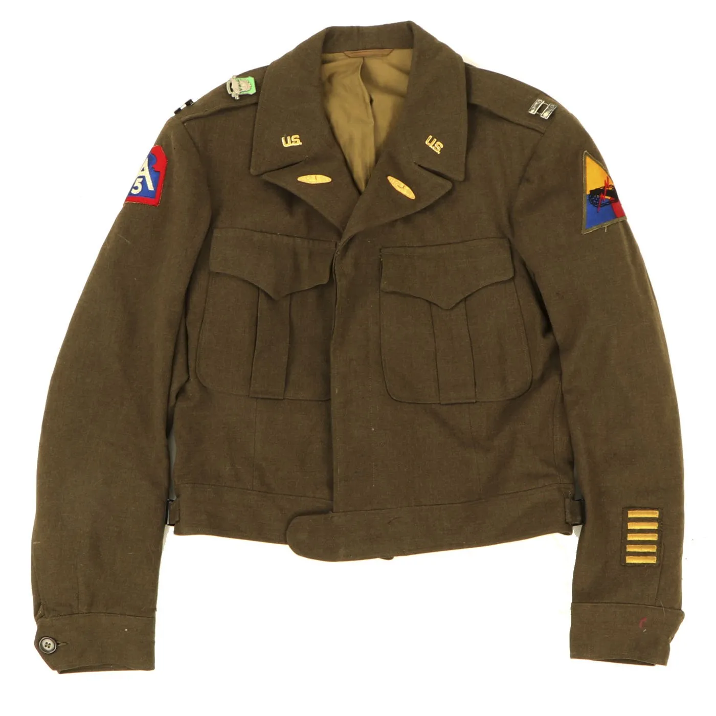 Original U.S. WWII 760th Tank Battalion Officer B-3 Sheepskin Jacket, Ike Jacket and Class A Service Coat