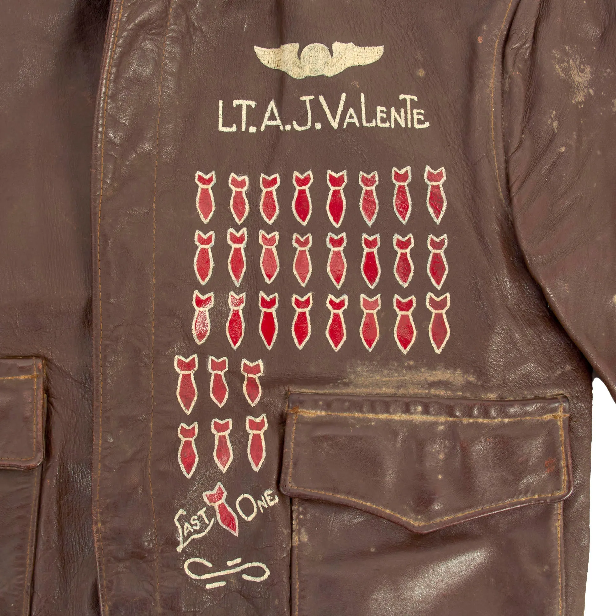 Original U.S. WWII 8th Air Force Painted A-2 Leather Flight Jacket - 453rd Bomb Group - Same as Jimmy Stewart - Lt. Anthony J. Valente