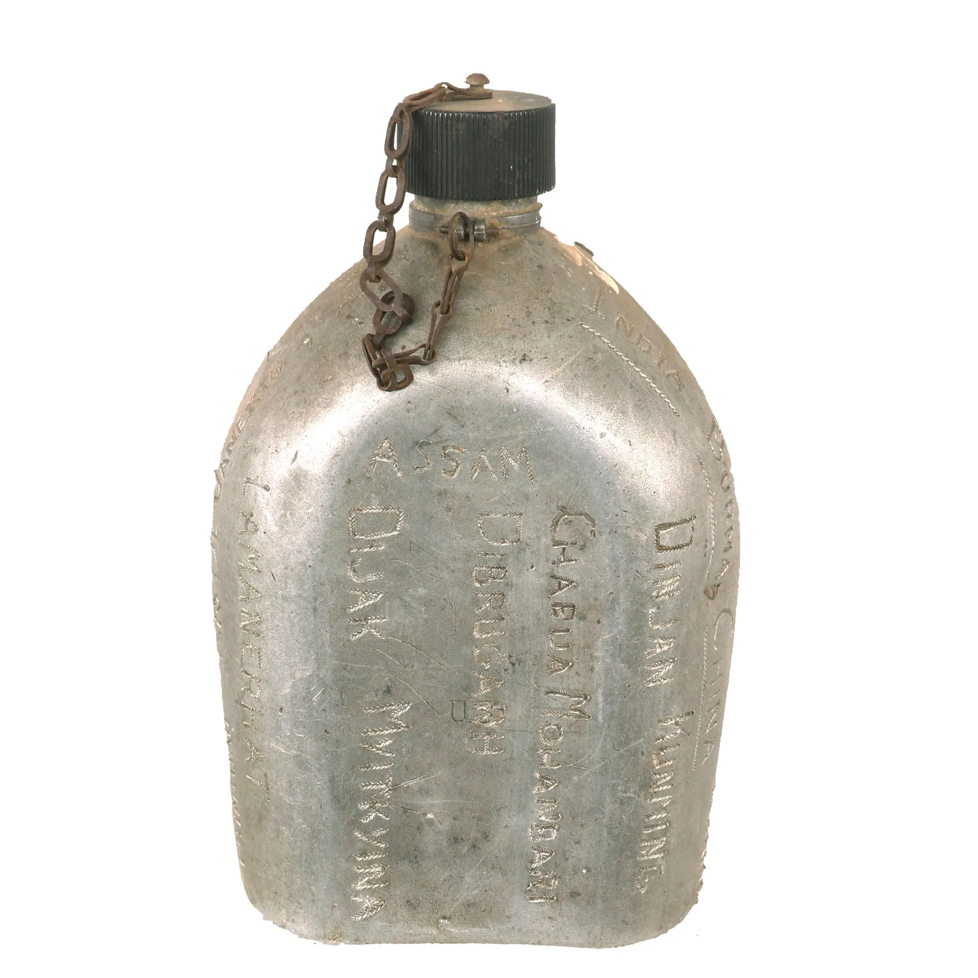 Original U.S. WWII CBI Theater Engraved Trench Art Canteen Named to Hyman L. Adelman - Travel Diary