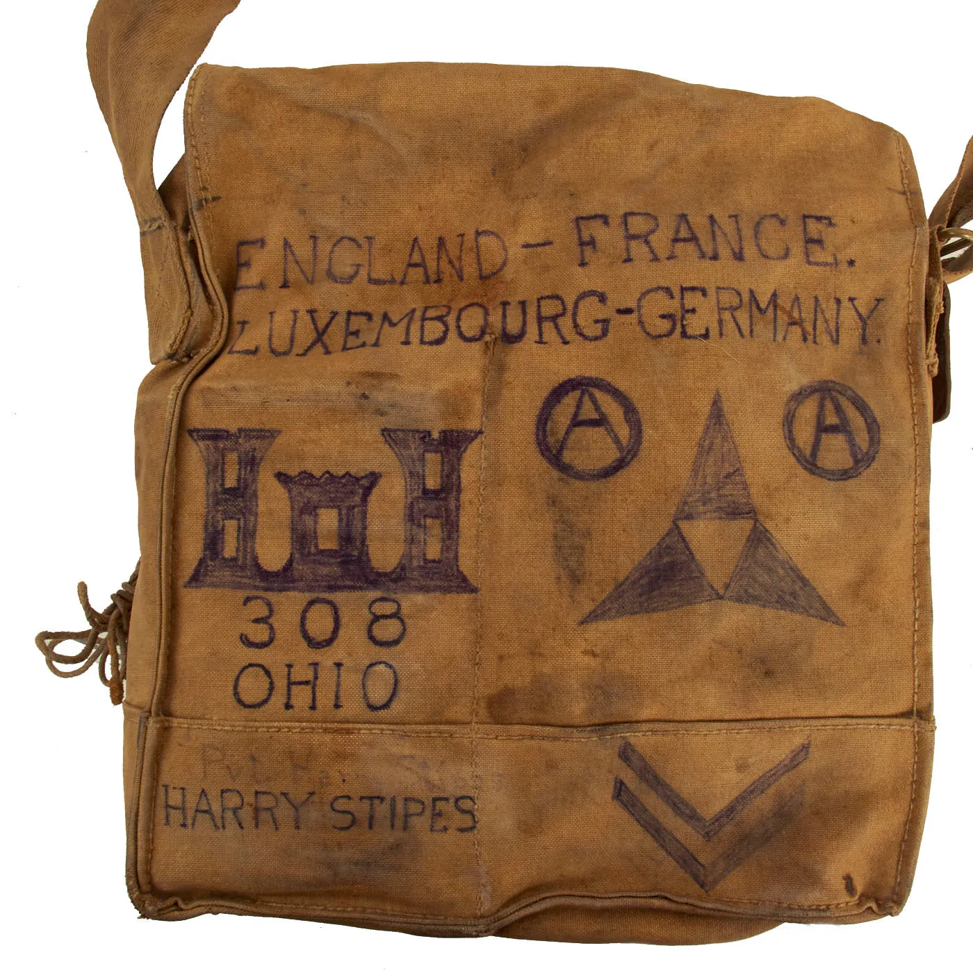 Original WWI British Small Box Respirator Gas Mask with Canister in Decorated Bag - Dated 1917- 308th Engineer Doughboy