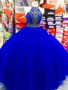 Royal Blue Halter Tulle Quinceanera Dresses Elegant Ball Gown Prom Dresses Sweet 16 Prom Dress