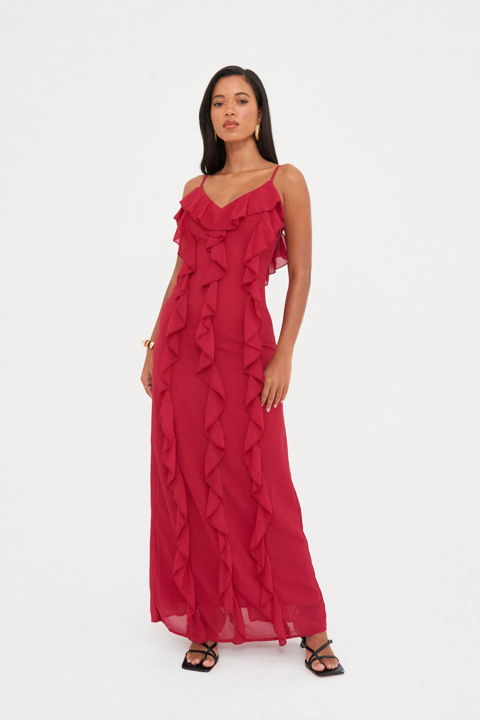 RUFFLE CHIFFON MAXI DRESS