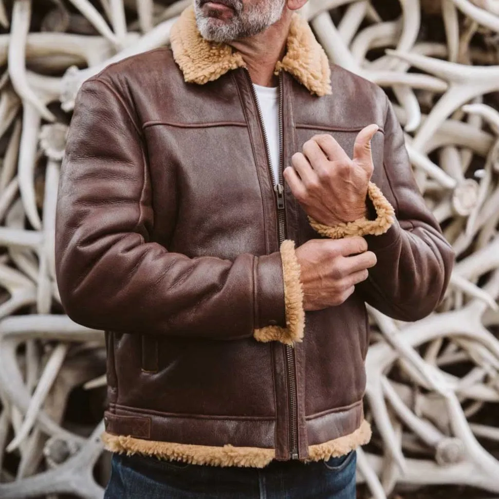 Shearling Leather Bomber Jacket | Grizzly Brown