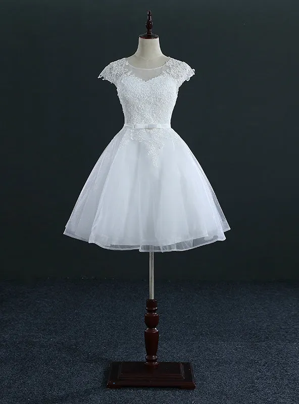 Short Knee Length Tulle Lace Cap Sleeve Wedding Dresses