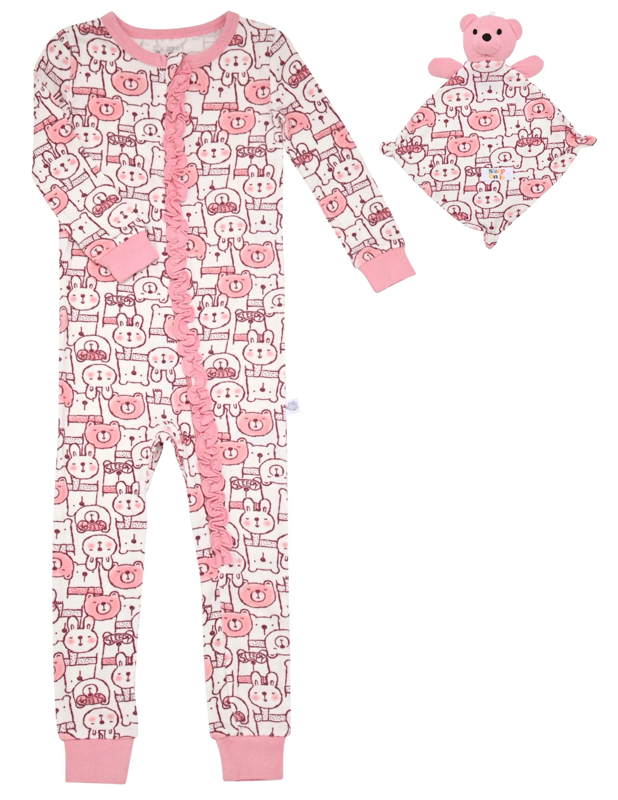 Sleep On It Infant Girls Long Sleeve Super Soft Snuggle Jersey Zip-Up Coverall Pajama with Matching Blankey Buddy - Bears