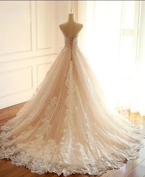 Sleeveless Sweetheart A-Line Lace Up Back Unique Design Wedding Dresses, Newest High Quality Custom Bridal Gown