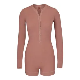 SOFT LOUNGE BUTTON UP HENLEY ONESIE | ROSE CLAY