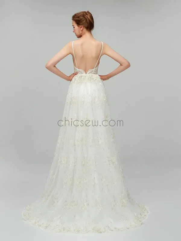 Spaghetti Strap Lace Backless Sweep Trailing Long Wedding Dresses XDM1104