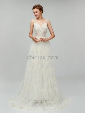 Spaghetti Strap Lace Backless Sweep Trailing Long Wedding Dresses XDM1104