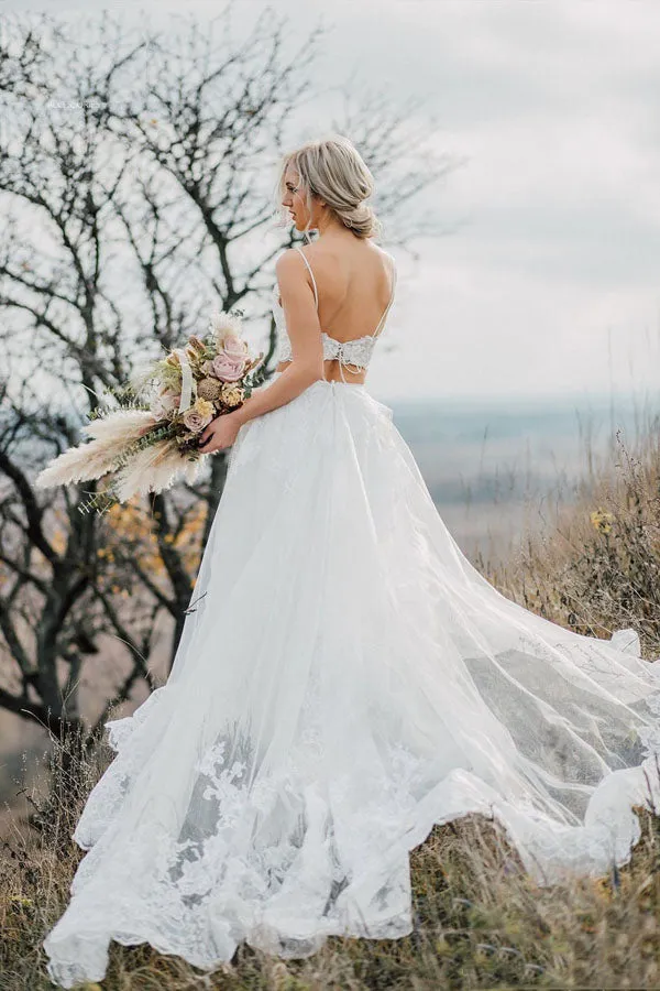 Spaghetti Straps Two Piece White Lace Wedding- Dress Elegant Bridal Gown