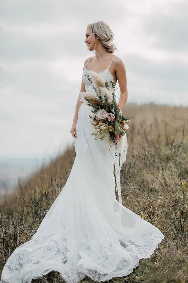 Spaghetti Straps Two Piece White Lace Wedding- Dress Elegant Bridal Gown