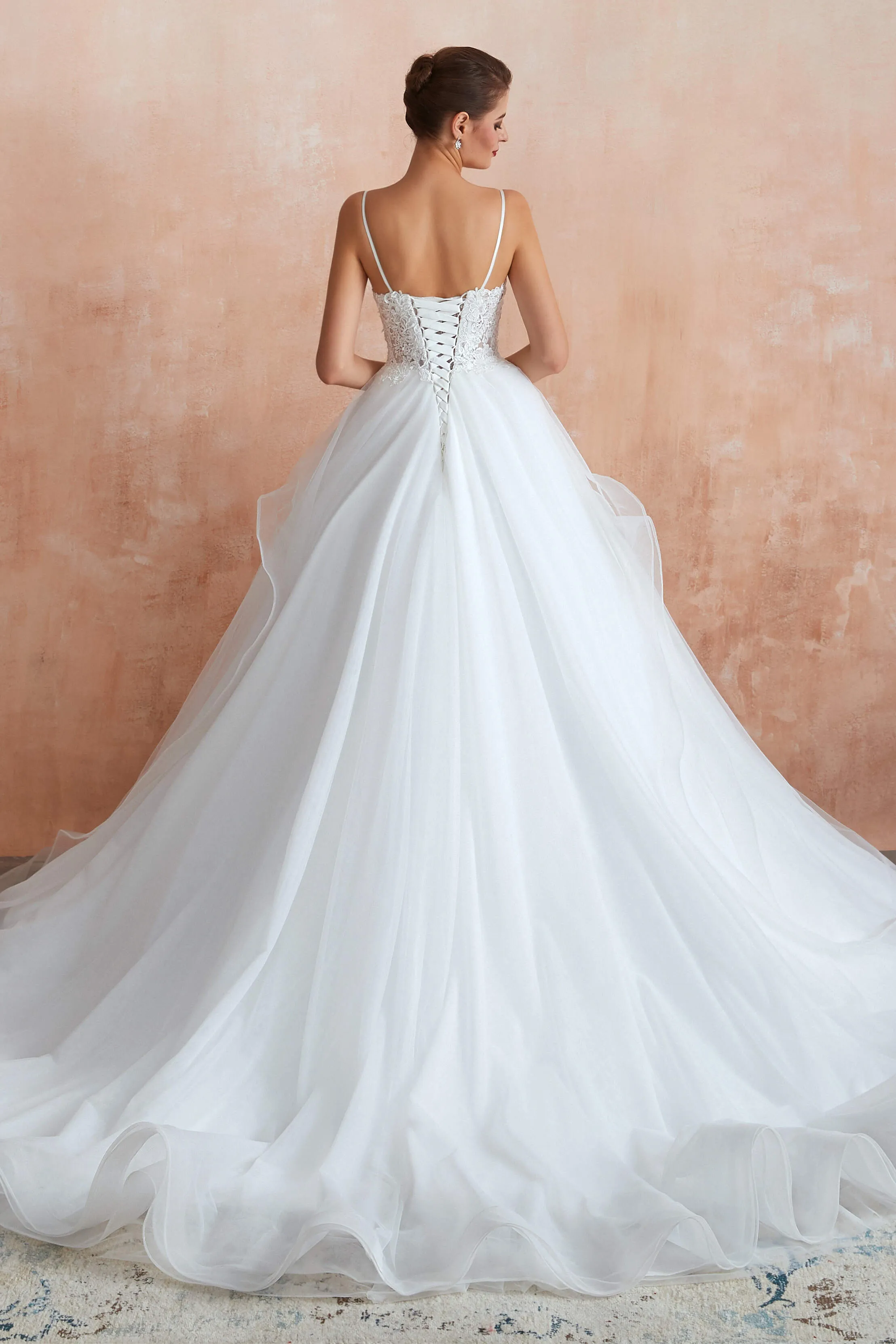 Spaghetti Straps V-neck Lace Organza Tiered A-line Wedding Dresses