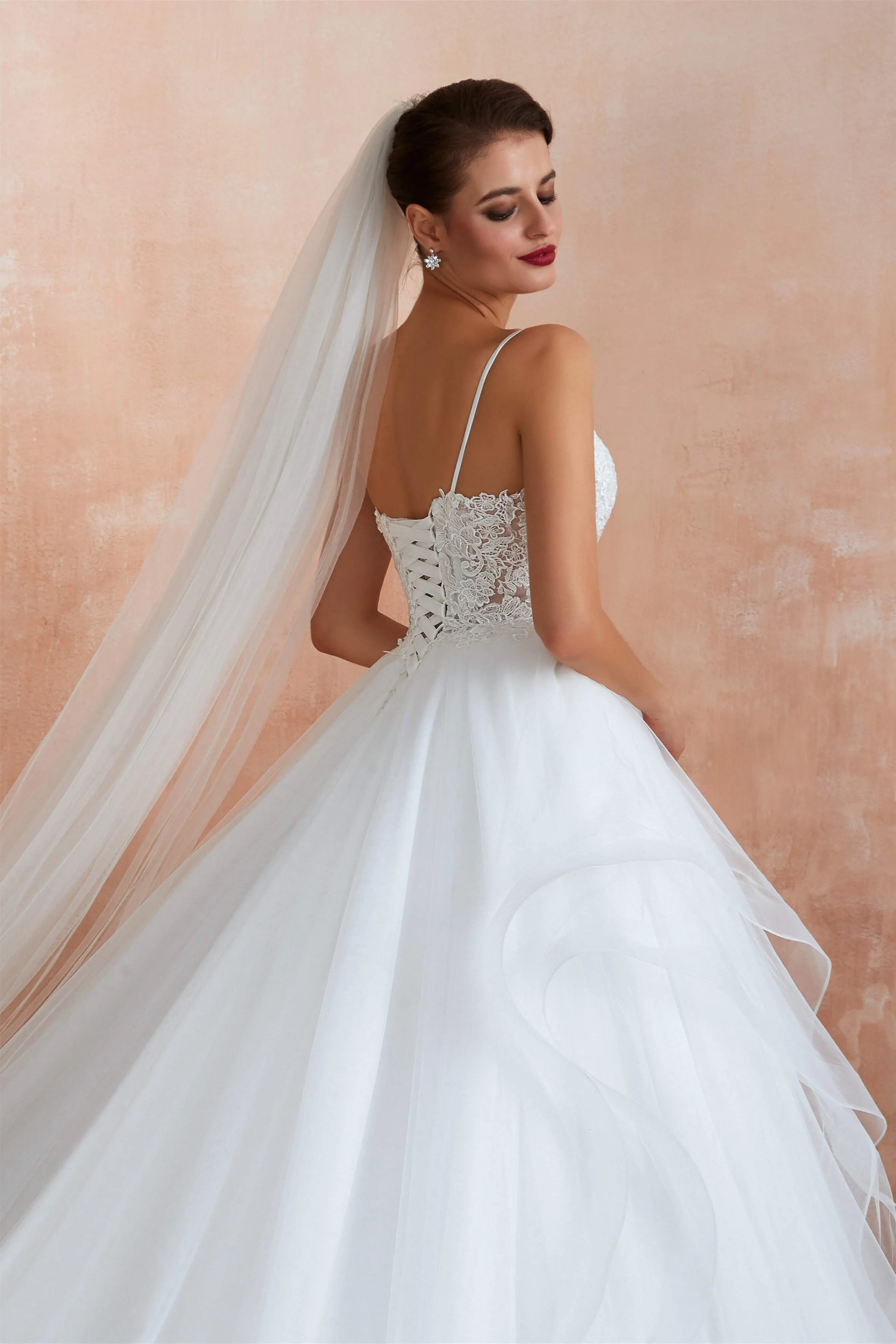 Spaghetti Straps V-neck Lace Organza Tiered A-line Wedding Dresses