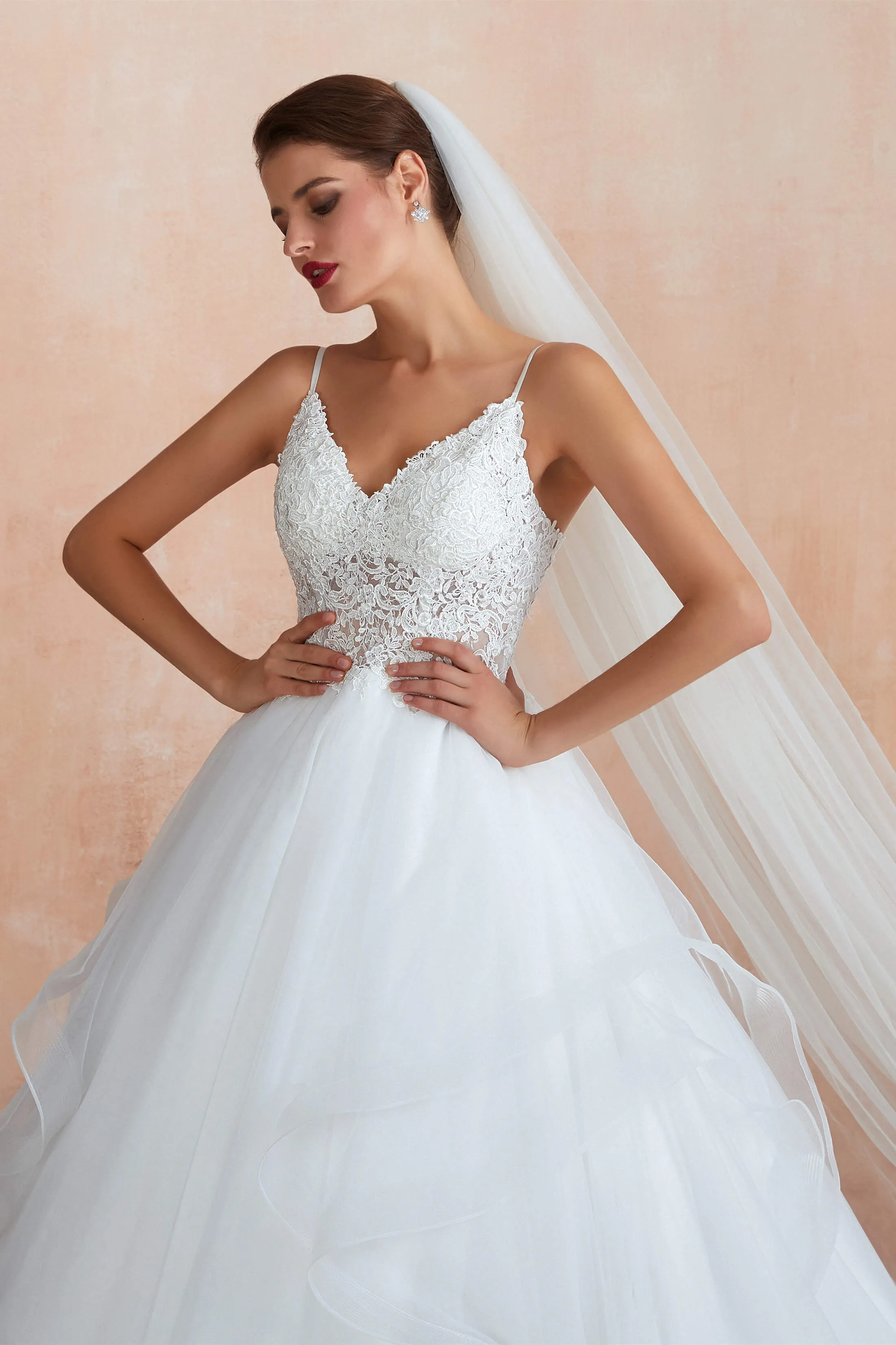 Spaghetti Straps V-neck Lace Organza Tiered A-line Wedding Dresses