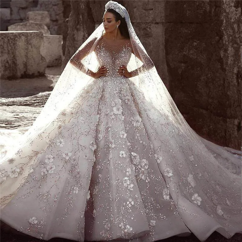 Sparkly Floral Lace Wedding Dress With Beading