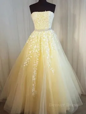 Strapless Yellow Lace Long Prom Dresses Yellow Lace Formal Evening Dresses