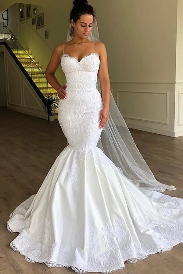 Sweetheart Spaghetti Straps Lace Mermaid Wedding Dress Mermaid Bridal Gown