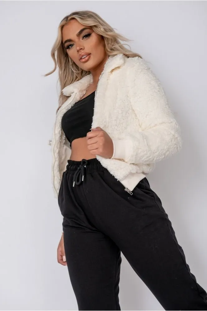 Teddy Fur Cream Bomber Jacket