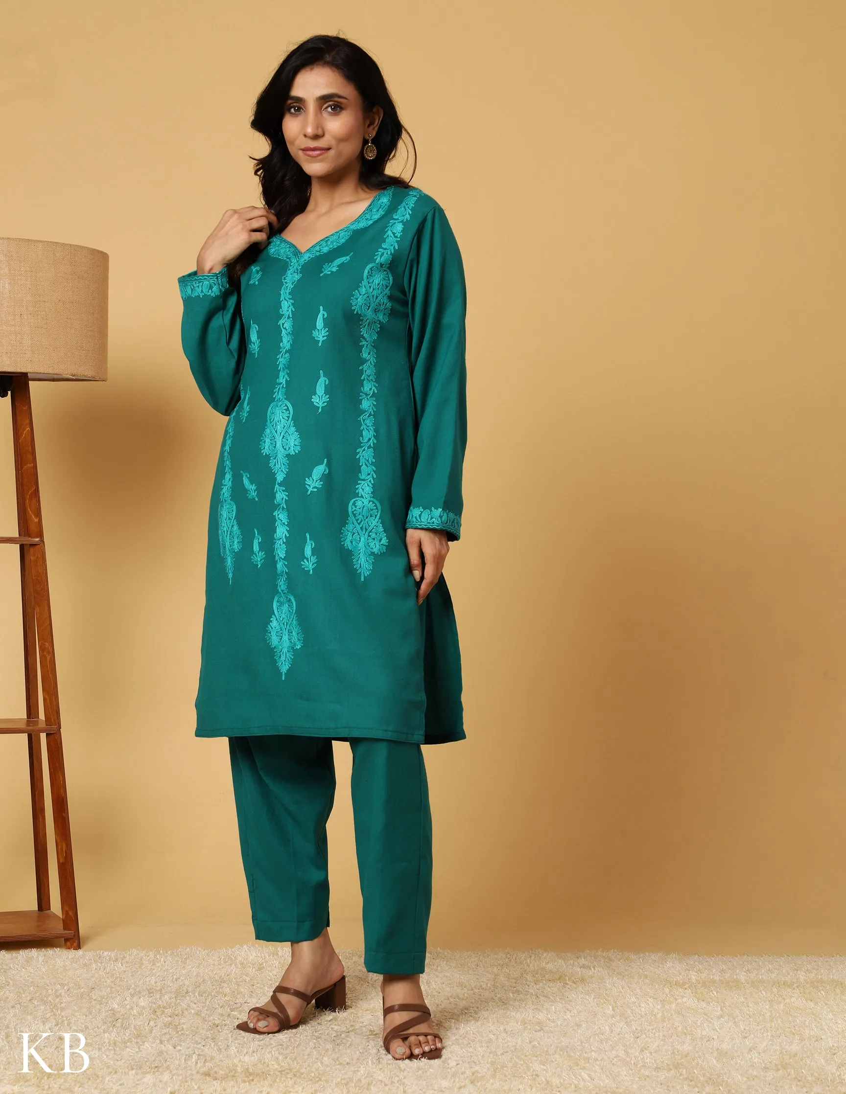 Tone On Tone Green Aari Embroidered Woolen Suit