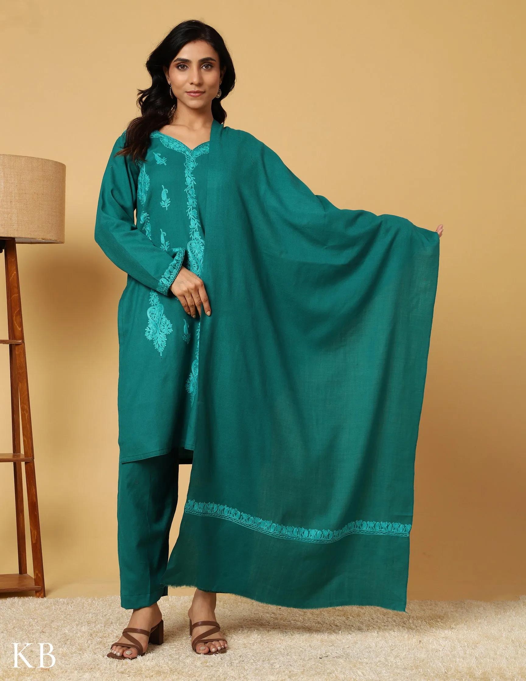 Tone On Tone Green Aari Embroidered Woolen Suit