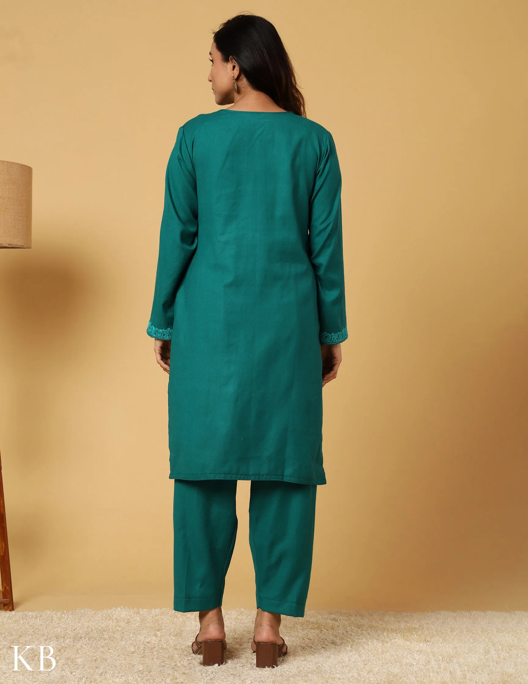 Tone On Tone Green Aari Embroidered Woolen Suit