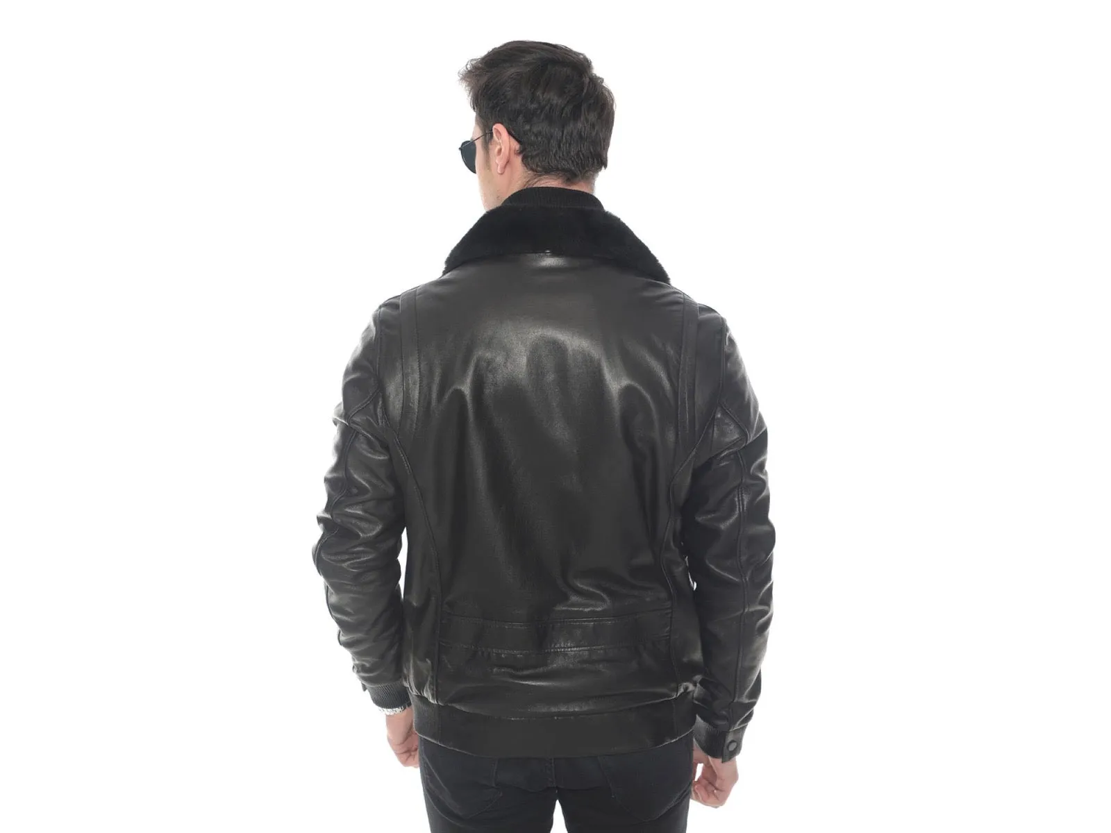 Urban Noir Leather Bomber with Fox Fur Collar