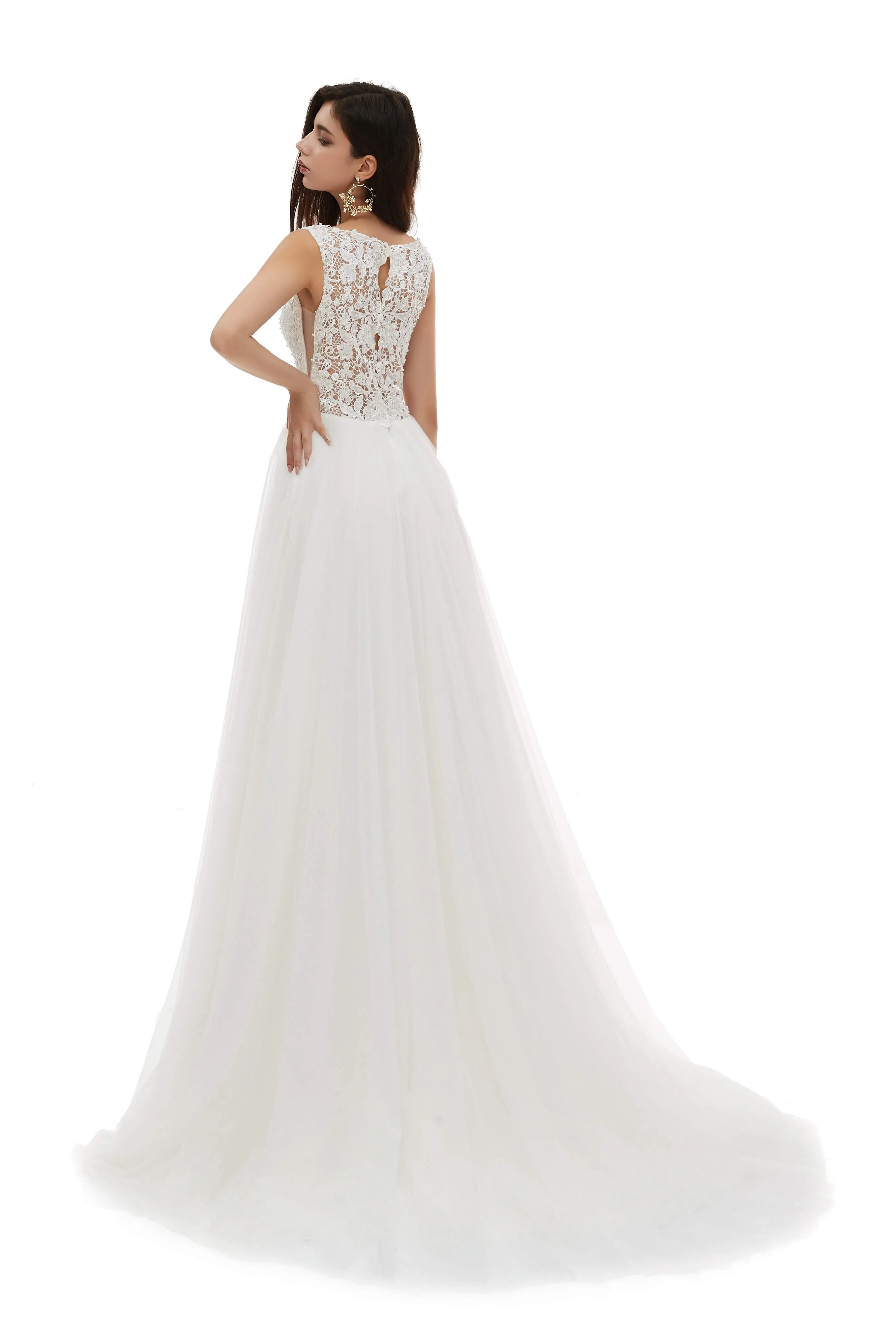 V-Neck Beaded Lace Beaded Applique Tulle Wedding Dresses