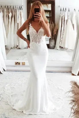 V Neck Mermaid Spaghetti Straps White Wedding Dress  WD736