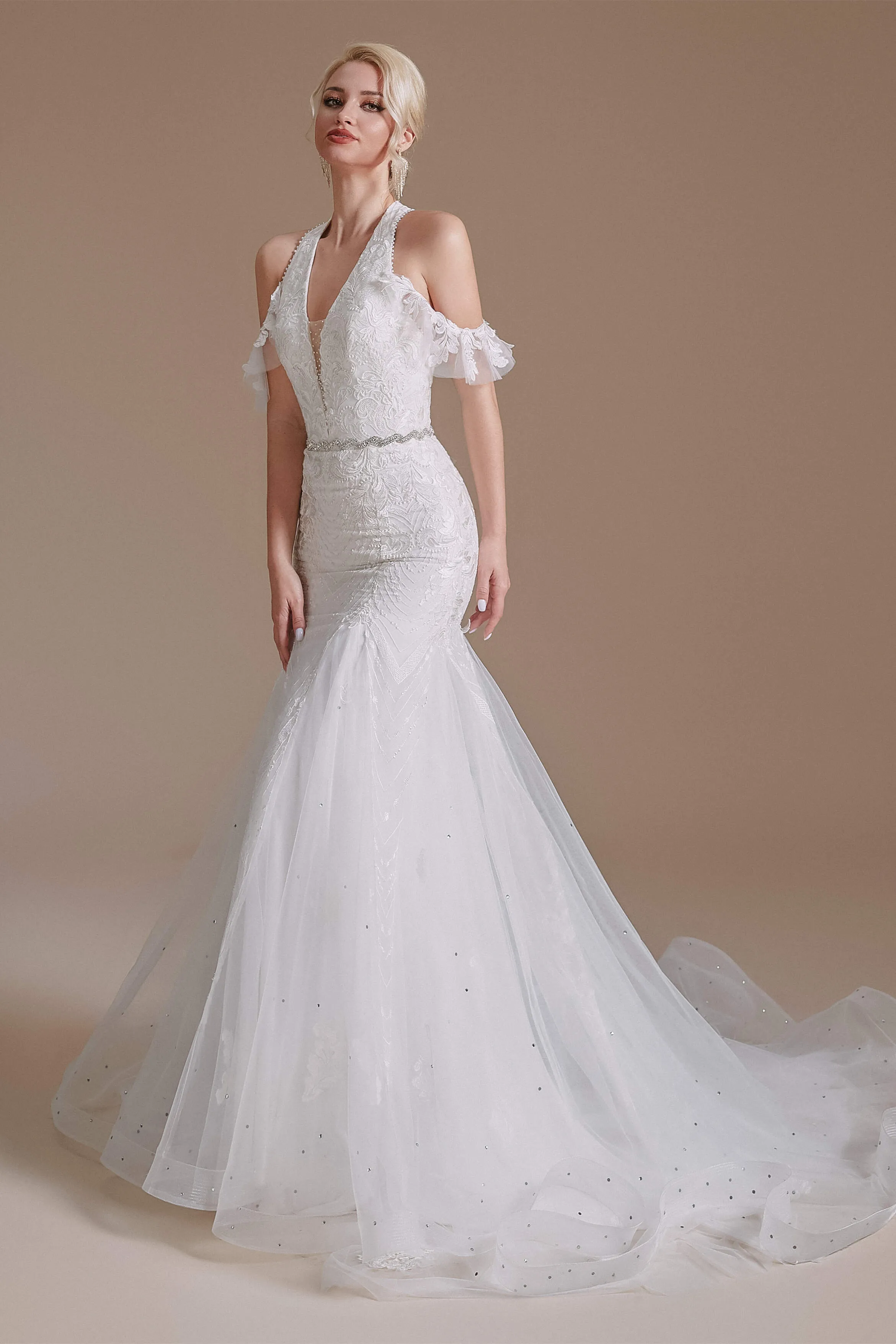 V-Neck Sleeveless Lace With Train Off The Shoulder Tulle Wedding Dresses