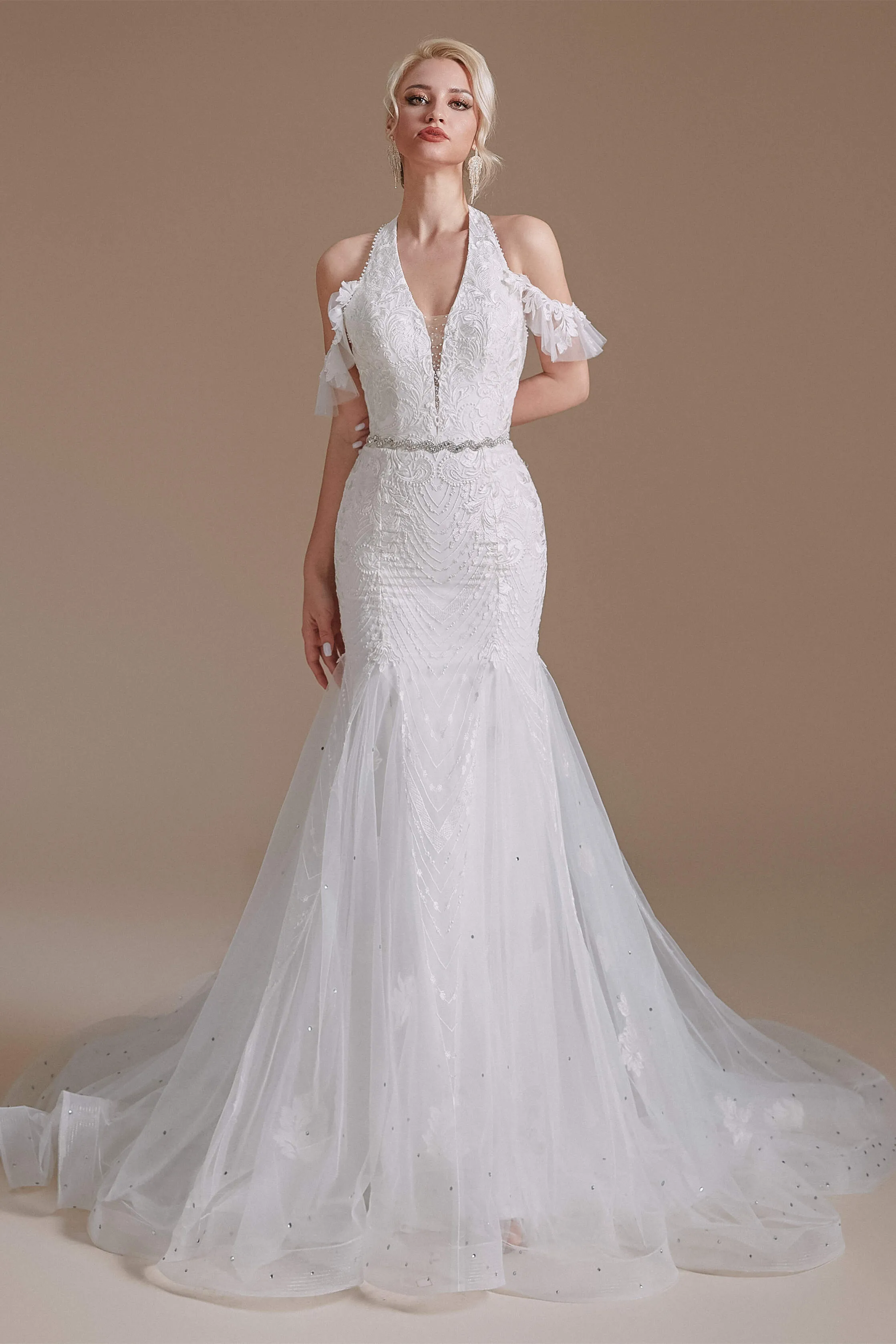 V-Neck Sleeveless Lace With Train Off The Shoulder Tulle Wedding Dresses