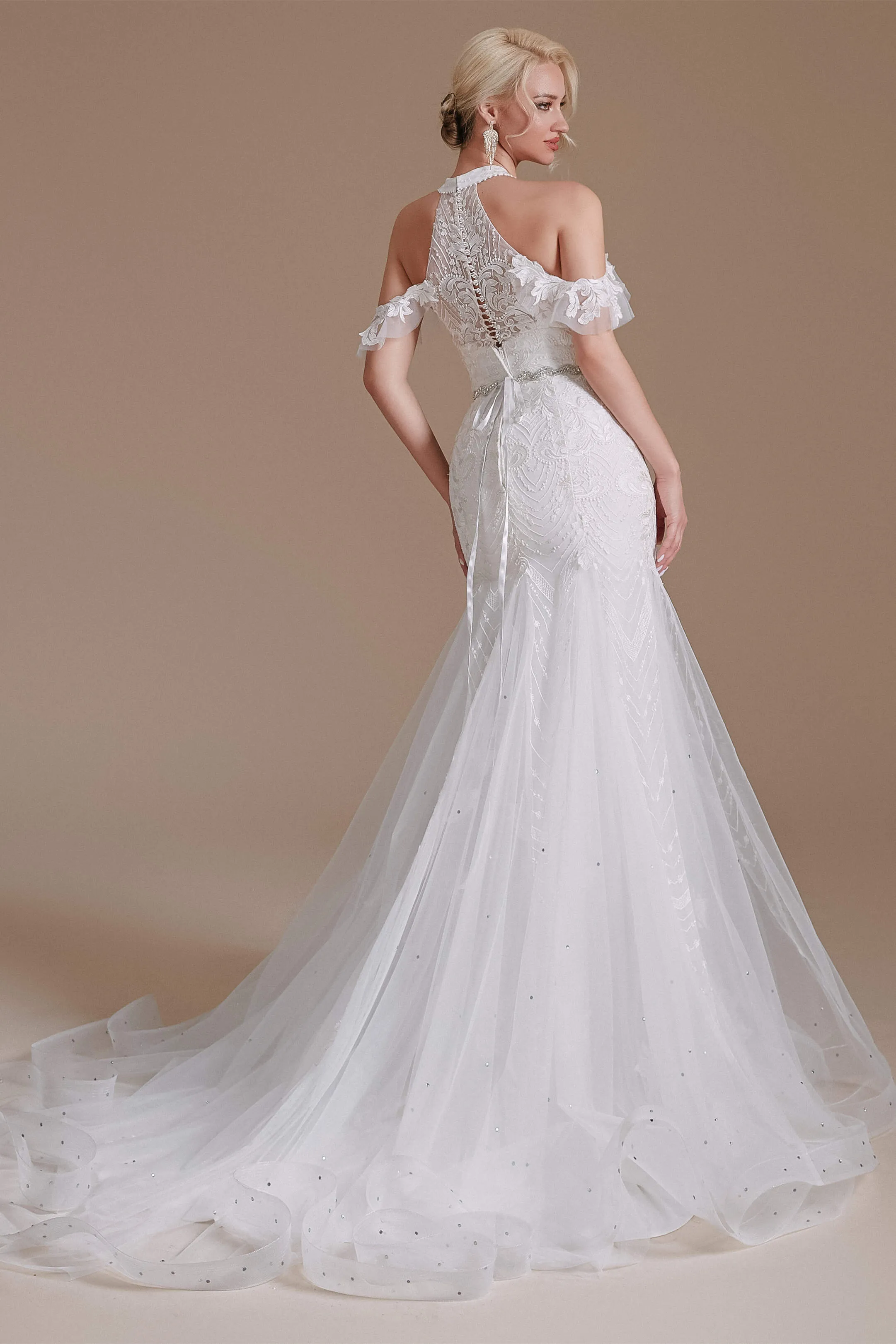 V-Neck Sleeveless Lace With Train Off The Shoulder Tulle Wedding Dresses