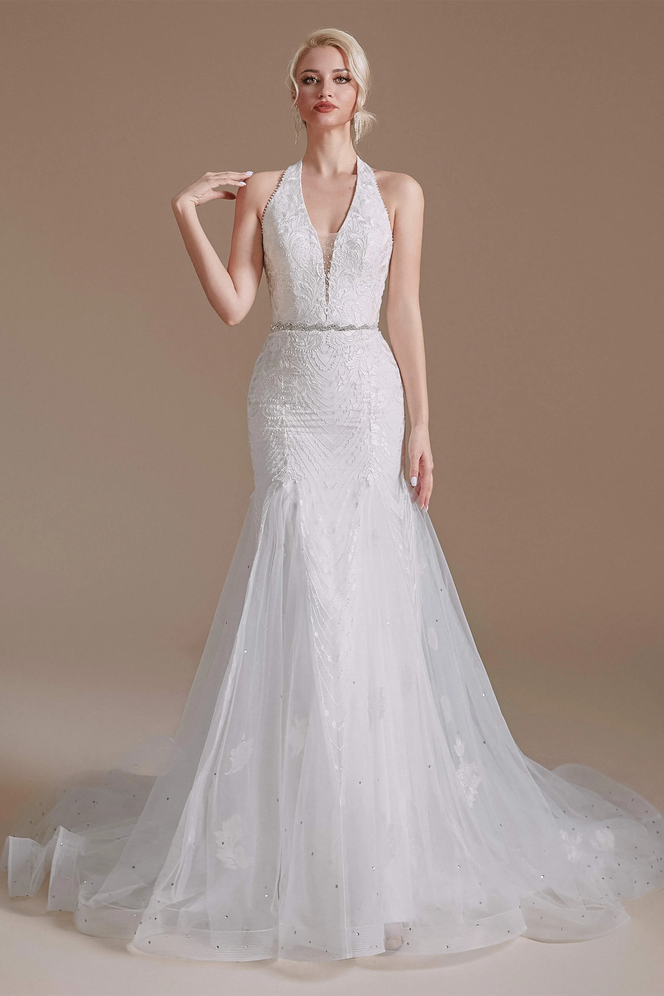 V-Neck Sleeveless Lace With Train Off The Shoulder Tulle Wedding Dresses