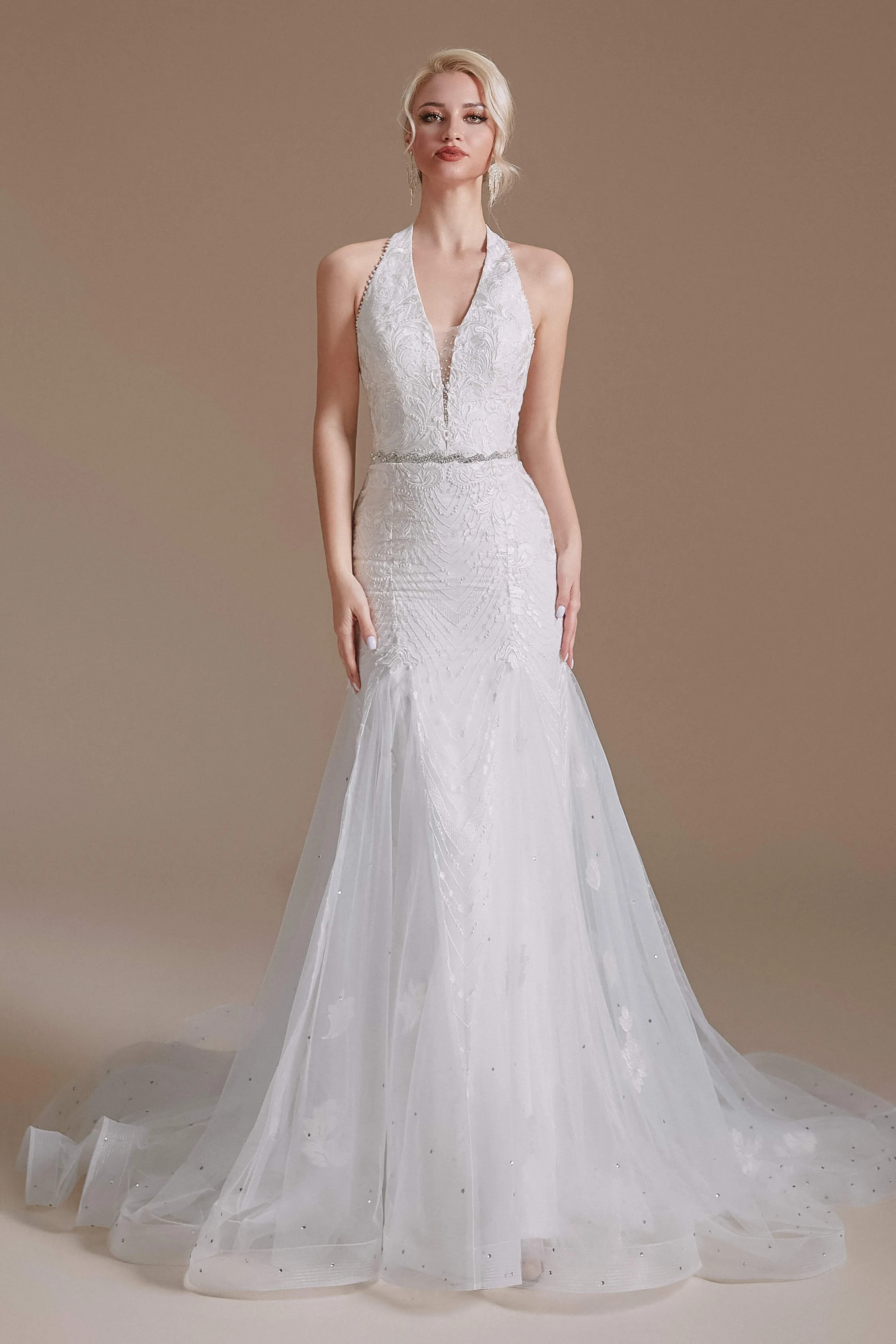 V-Neck Sleeveless Lace With Train Off The Shoulder Tulle Wedding Dresses