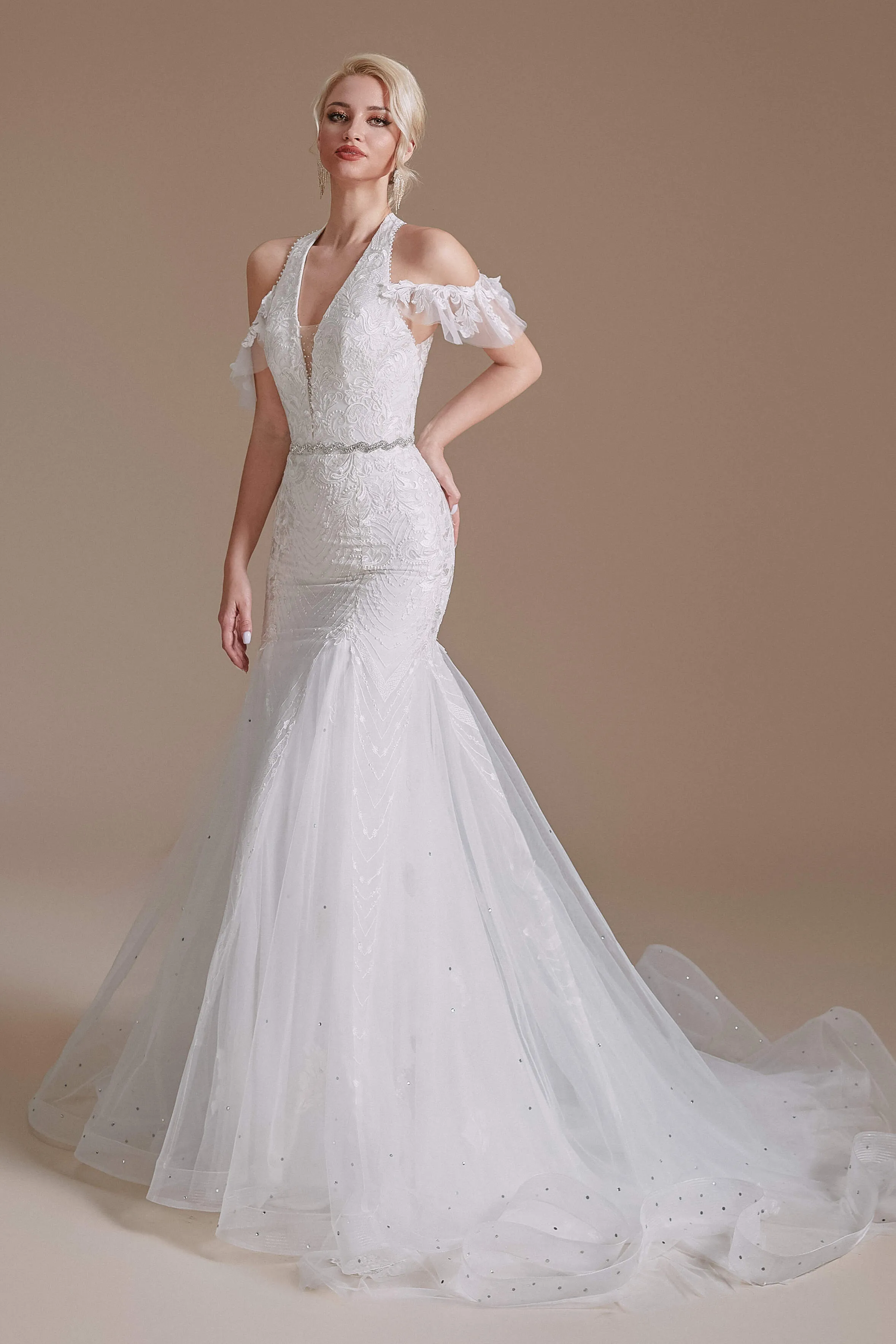 V-Neck Sleeveless Lace With Train Off The Shoulder Tulle Wedding Dresses