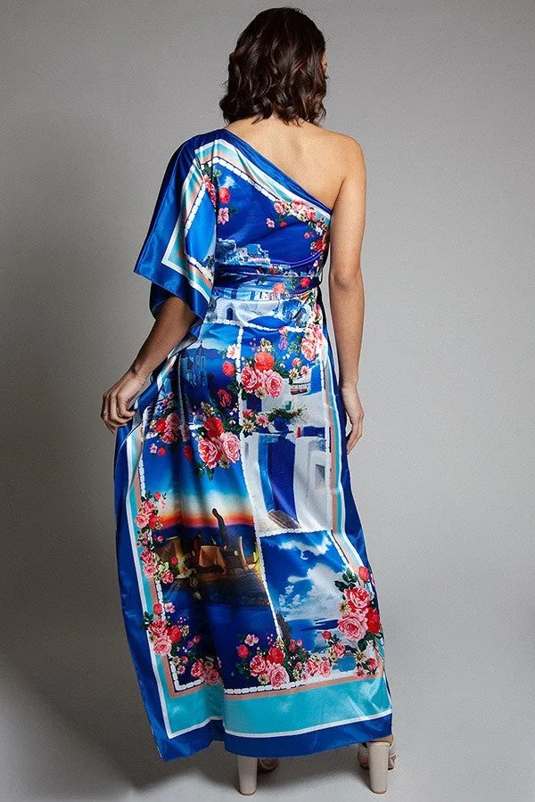 Vacation In Greece Floral One Shoulder Maxi Dress