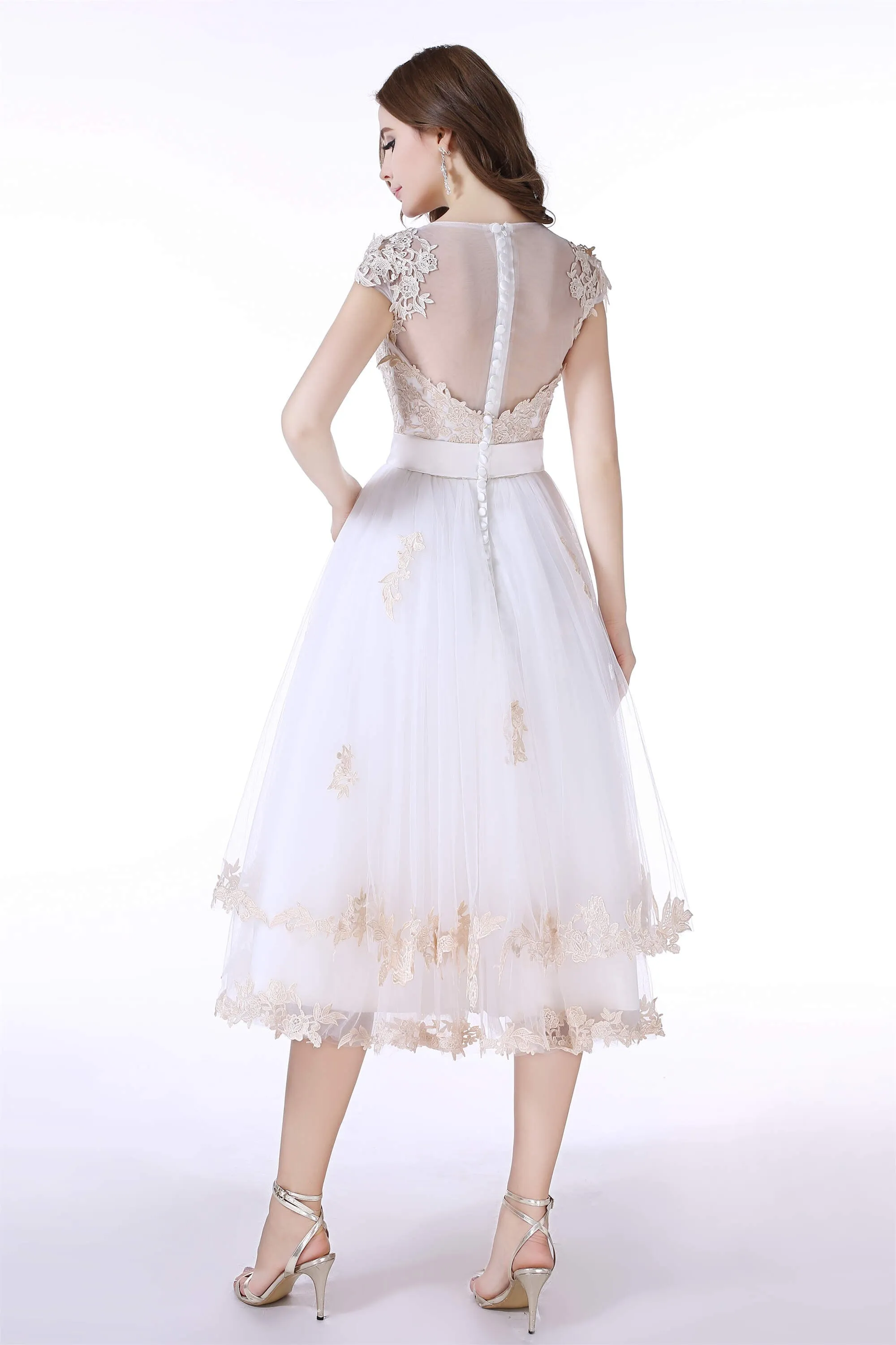 White Tulle Champagne Lace Tea Length Sleeveless Wedding Dresses