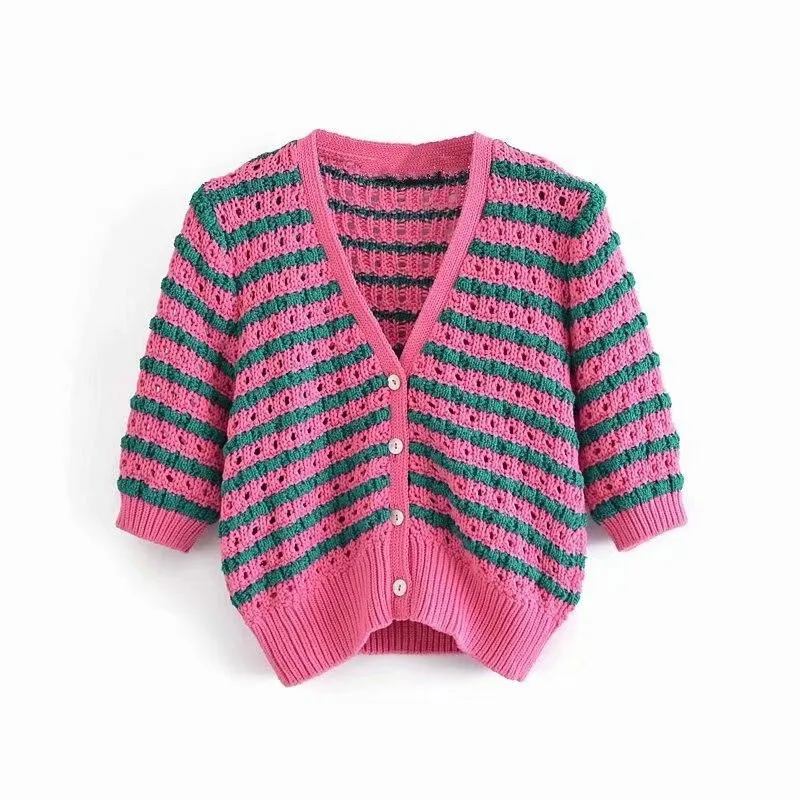 Woman Sweet Pink Hollow Out Knitted Cardigan