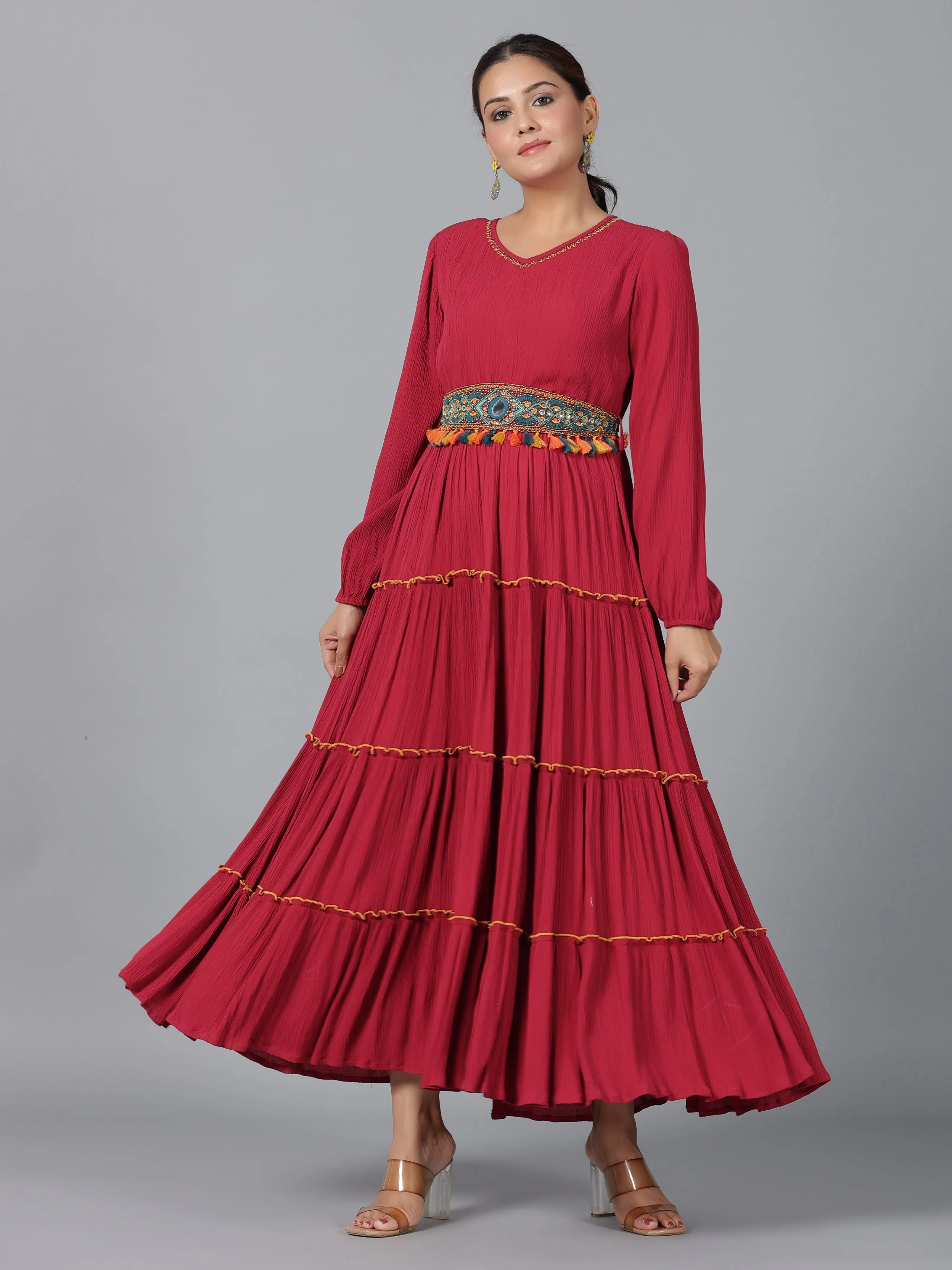 Women Maroon Rayon Crepe Tiered Maxi Dress