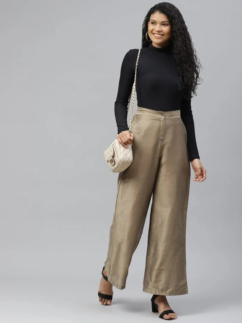 Women Taupe Smart Flared Solid Parallel Trousers