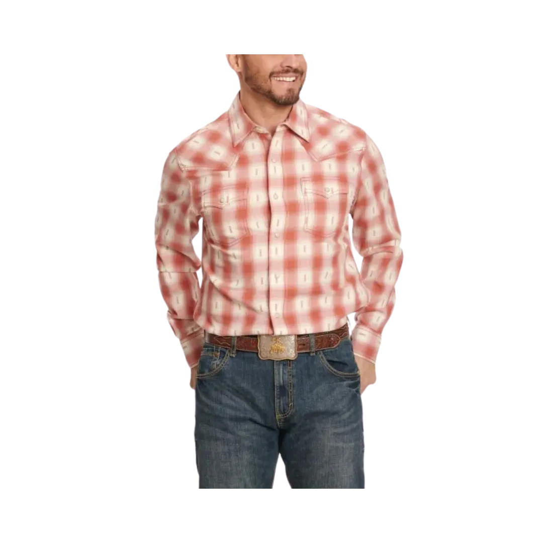 Wrangler Retro Men's Cream & Rust Plaid Long Sleeve Western Shirt