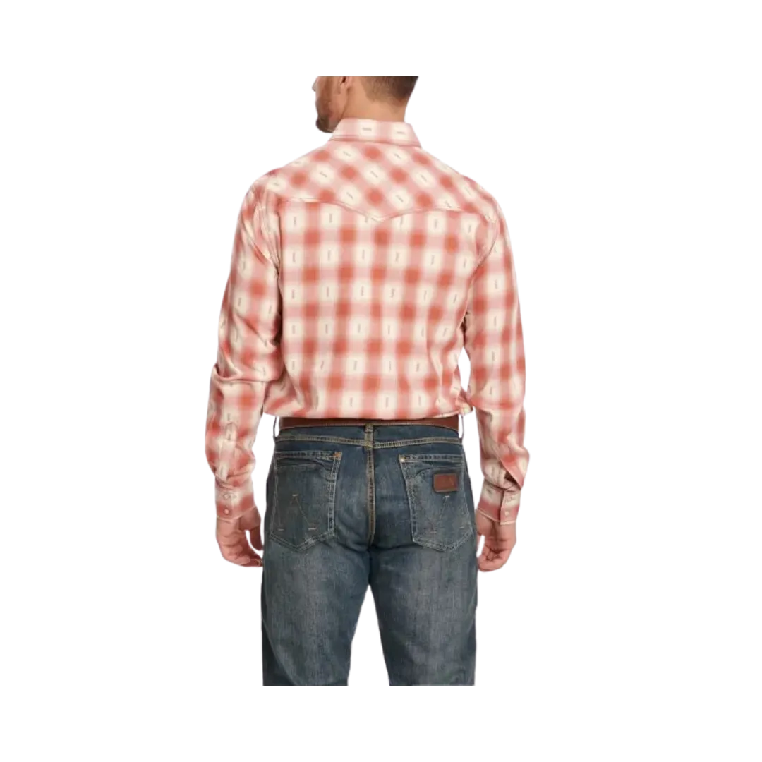 Wrangler Retro Men's Cream & Rust Plaid Long Sleeve Western Shirt